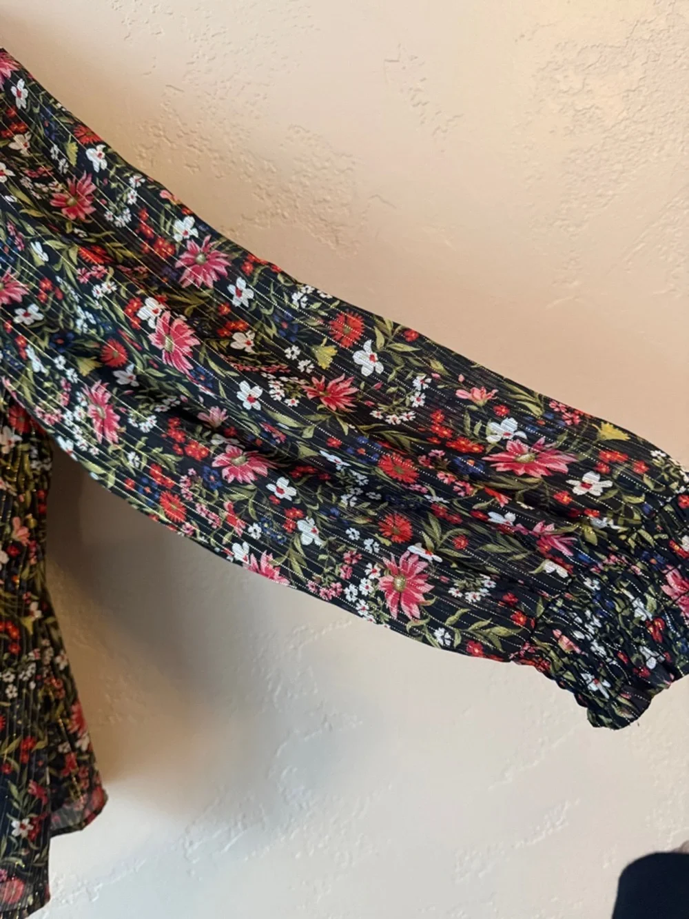 Old‎ Navy Black Floral Smocked-Neck Blouse with Pink and Red Flowers